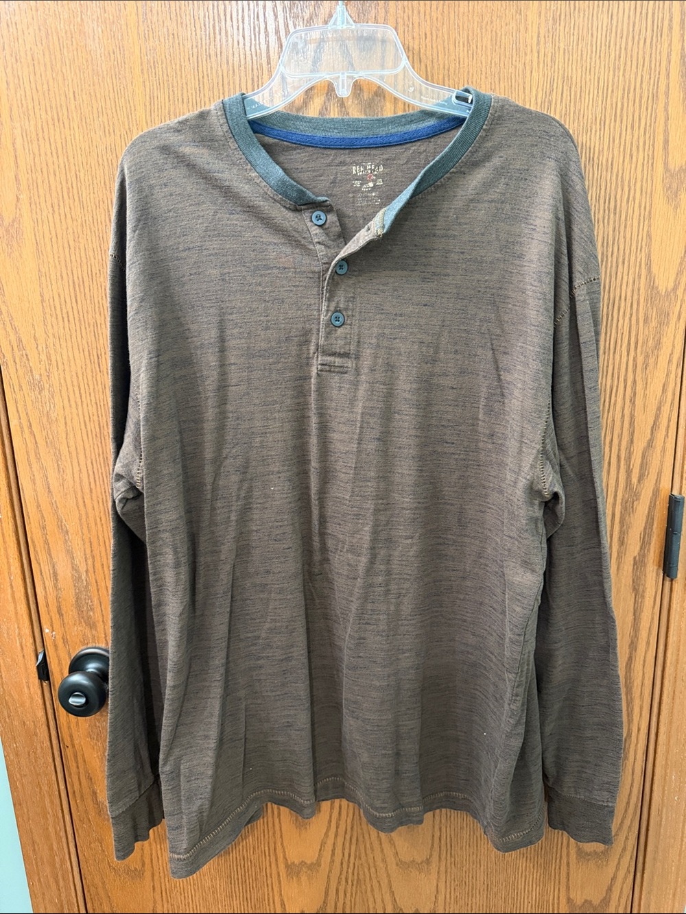 RedHead Brown Long-Sleeve Henley Shirt with Blue Trim